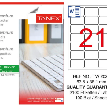 TANEX TW-2021 LAZER ETİKET 63,5*38,1MM 100'LÜ TANEX TW-2021 LAZER ETİKET 63,5*38,1MM 100'LÜ