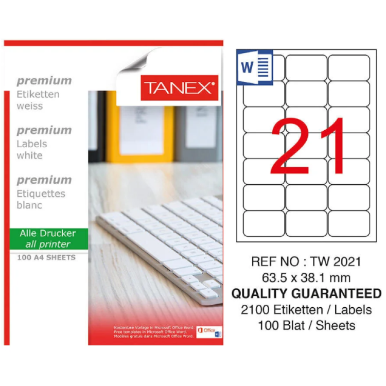 TANEX TW-2021 LAZER ETİKET 63,5*38,1MM 100LÜ TANEX TW-2021 LAZER ETİKET 63,5*38,1MM 100LÜ