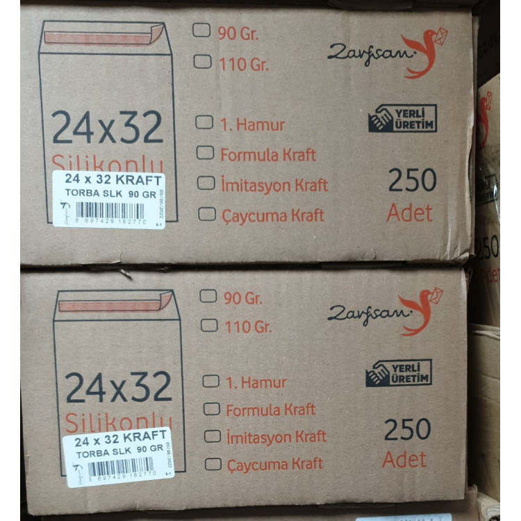 ZARFSAN KRAFT TORBA ZARF SİLİKONLU 90GR 24X32 250Lİ ZARFSAN KRAFT TORBA ZARF SİLİKONLU 90GR 24X32 250Lİ