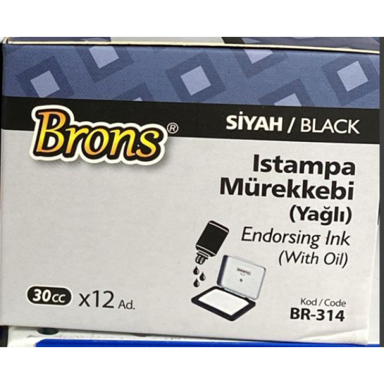 BRONS BR-314 SİYAH ISTAMPA MÜREKKEBİ YAĞLI 30CC (BOX12)