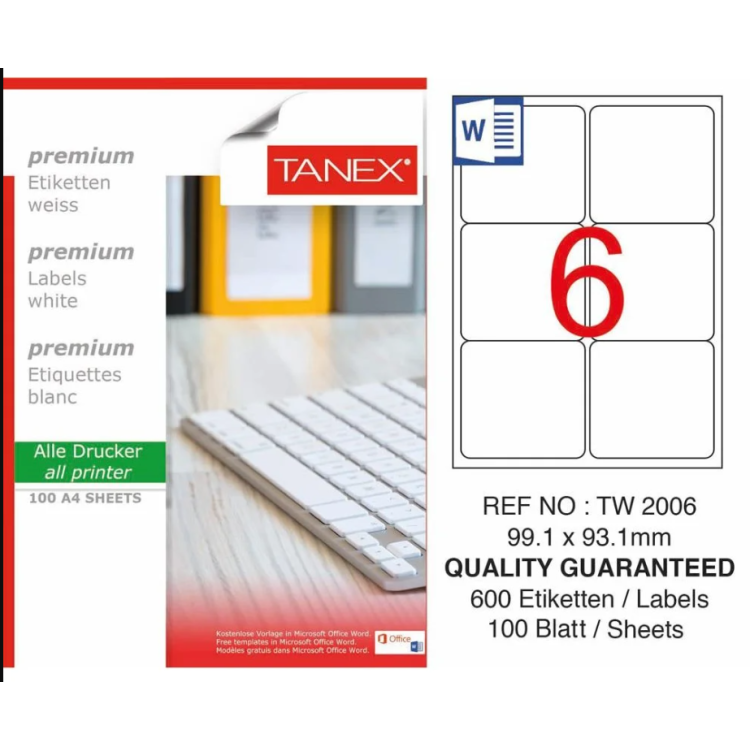 TANEX TW-2006 LAZER ETİKET 99,1*93,1MM 100LÜ *20 TANEX TW-2006 LAZER ETİKET 99,1*93,1MM 100LÜ *20