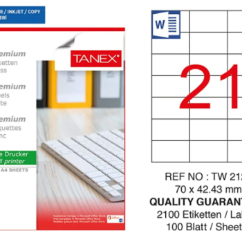 TANEX TW-2124 70*42,43MM LAZER ETİKET 100'LÜ TANEX TW-2124 70*42,43MM LAZER ETİKET 100'LÜ