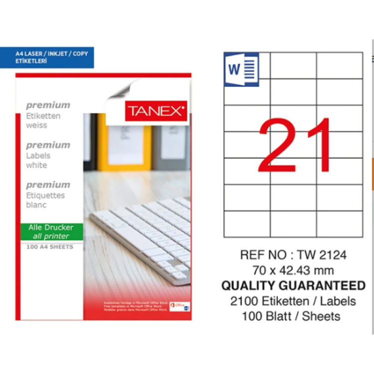 TANEX TW-2124 70*42,43MM LAZER ETİKET 100LÜ TANEX TW-2124 70*42,43MM LAZER ETİKET 100LÜ