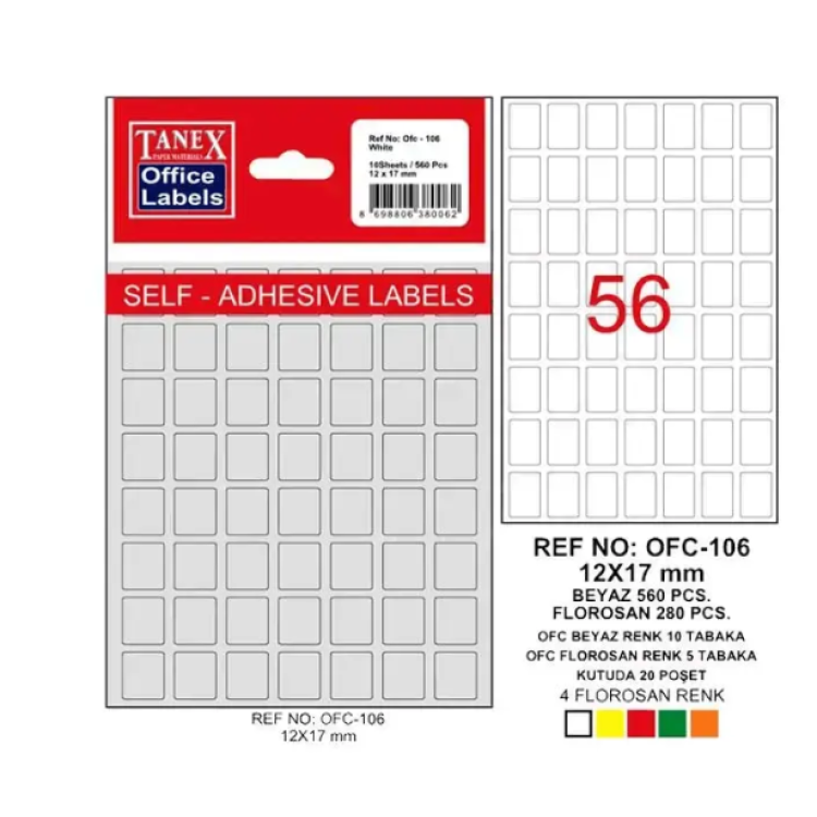 TANEX OFC-106 BEYAZ OFİS ETİKETİ 56LI 12X17MM