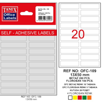 TANEX OFC-109 BEYAZ OFİS ETİKETİ 20LI 13X50MM TANEX OFC-109 BEYAZ OFİS ETİKETİ 20LI 13X50MM