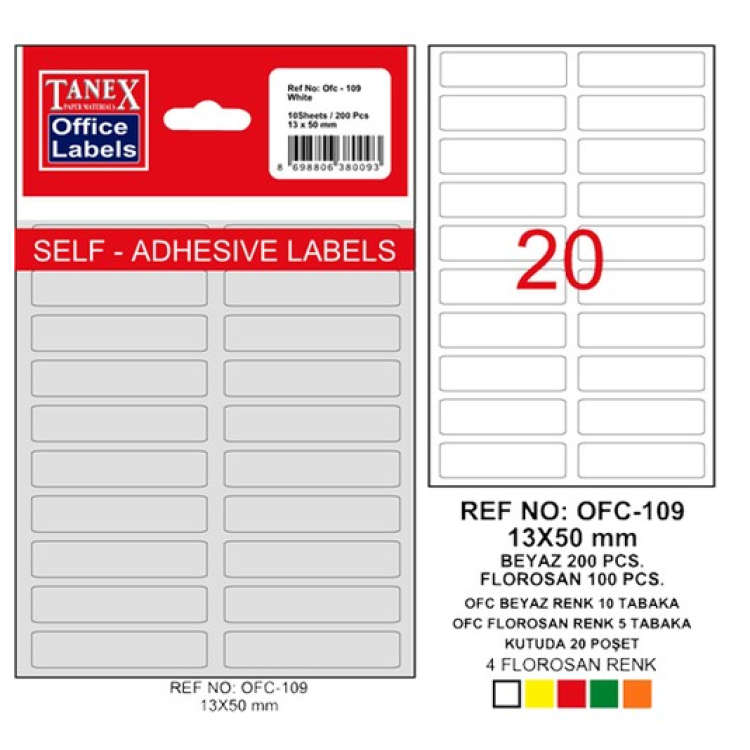 TANEX OFC-109 BEYAZ OFİS ETİKETİ 20LI 13X50MM