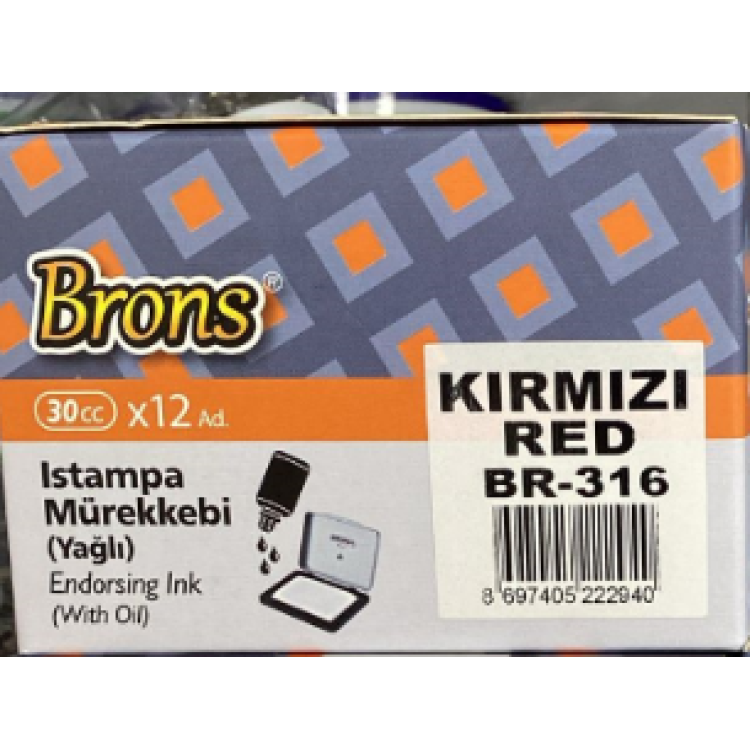 BRONS BR-316 KIRMIZI ISTAMPA MÜREKKEBİ YAĞLI 30CC (BOX12)