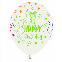 Hazır Baskı Balon Full Happy Birthday Şeffafa Floresan