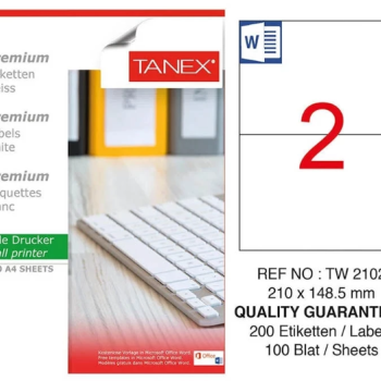 TANEX TW-2102 LAZER ETİKET 210*148,5MM 100'LÜ *20 TANEX TW-2102 LAZER ETİKET 210*148,5MM 100'LÜ *20