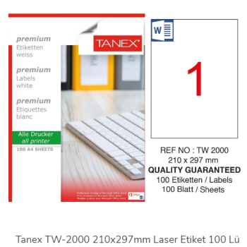 TANEX TW-2000 LAZER ETİKET 210*297 MM 100'LÜ TANEX TW-2000 LAZER ETİKET 210*297 MM 100'LÜ