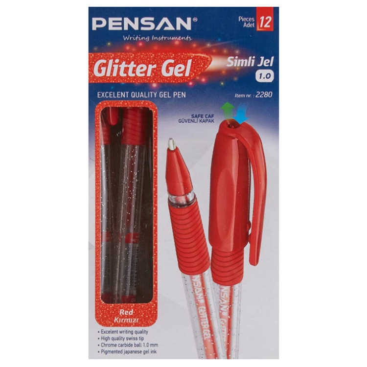 PENSAN PE02228JKKI GLİTTER SİMLİ JEL KALEM (BOX12) KIRMIZI