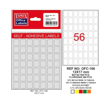 TANEX OFC-106 BEYAZ OFİS ETİKETİ 56LI 12X17MM TANEX OFC-106 BEYAZ OFİS ETİKETİ 56LI 12X17MM