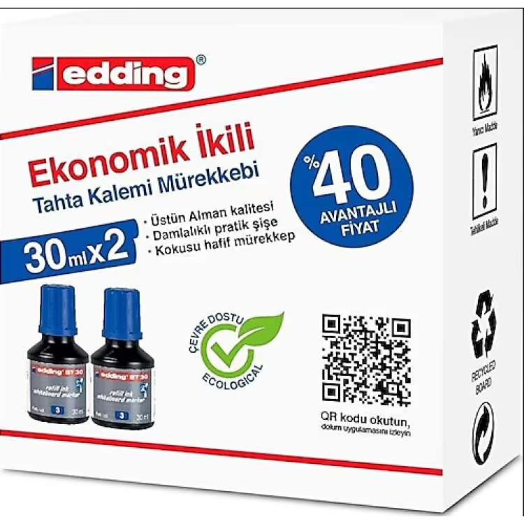 EDDİNG BT-30 TAHTA KALEMİ MÜREKKEP MAVİ 2Lİ