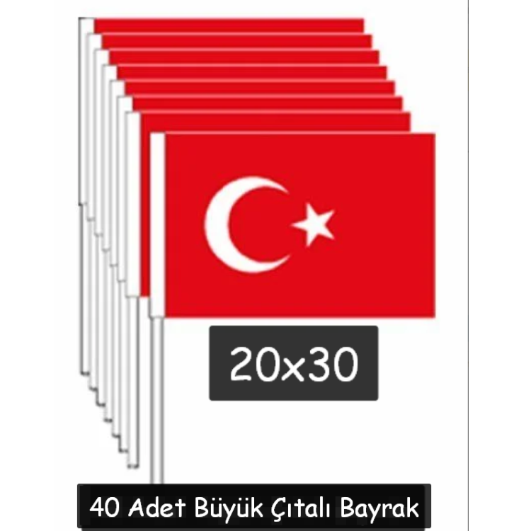 Battal Çıtalı Kağıt Bayrak 40lı -Ay Yıldız- büyük boy sopalı