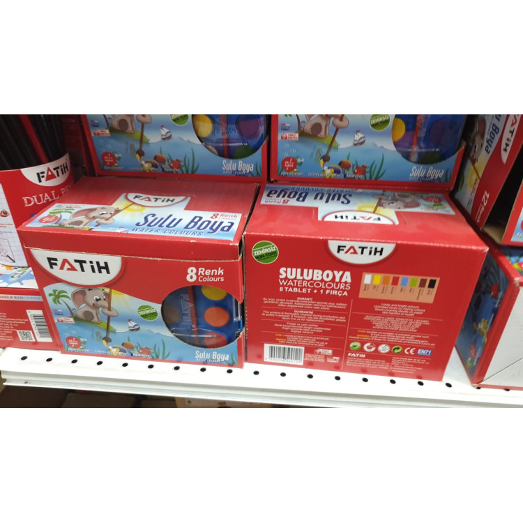Fatih F-8 Sulu Boya 8 Renk + 1 Fırça Plastik Kutulu