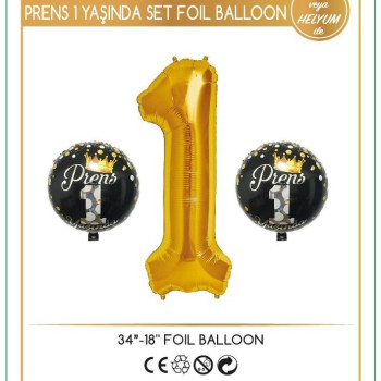 1 YAŞ Rakam 3’lü Prens Gold Set Folyo Balon 1 YAŞ Rakam 3’lü Prens Gold Set Folyo Balon