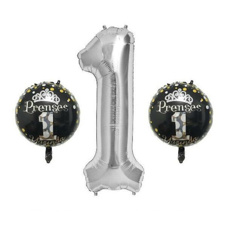 1 Yaş Rakam 3’lü Prenses Gümüş Set Folyo Balon