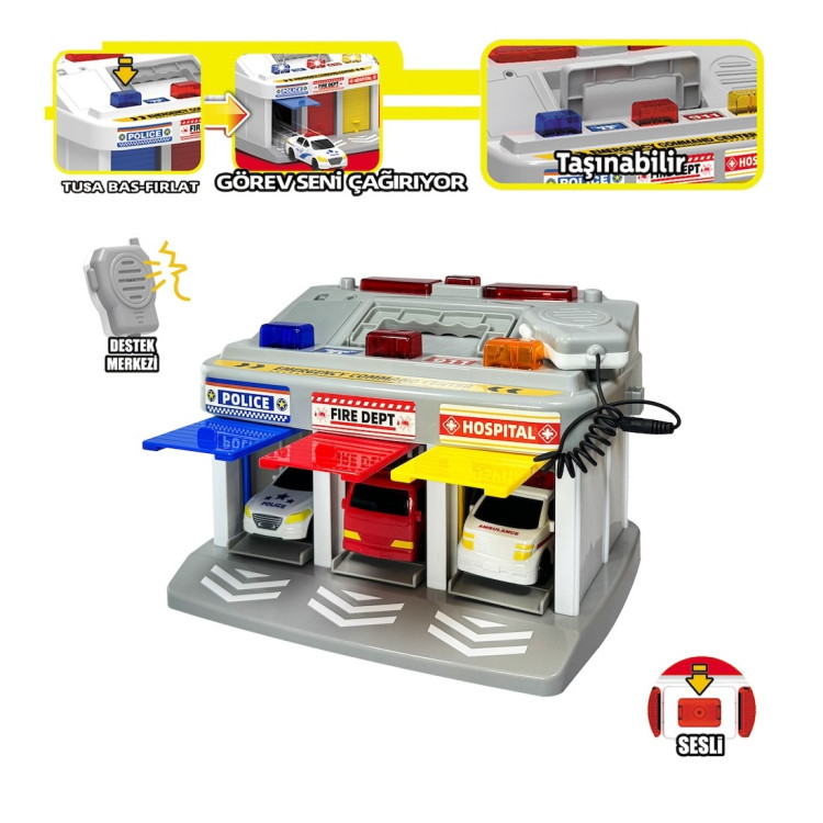 KUT. Işıklı Müzikli İlk Yardım Garajı (Ambulans, Polis, İtfaiye Araçları)Fonksiyonlu KUT. Işıklı Müzikli İlk Yardım Garajı (Ambulans, Polis, İtfaiye Araçları)Fonksiyonlu