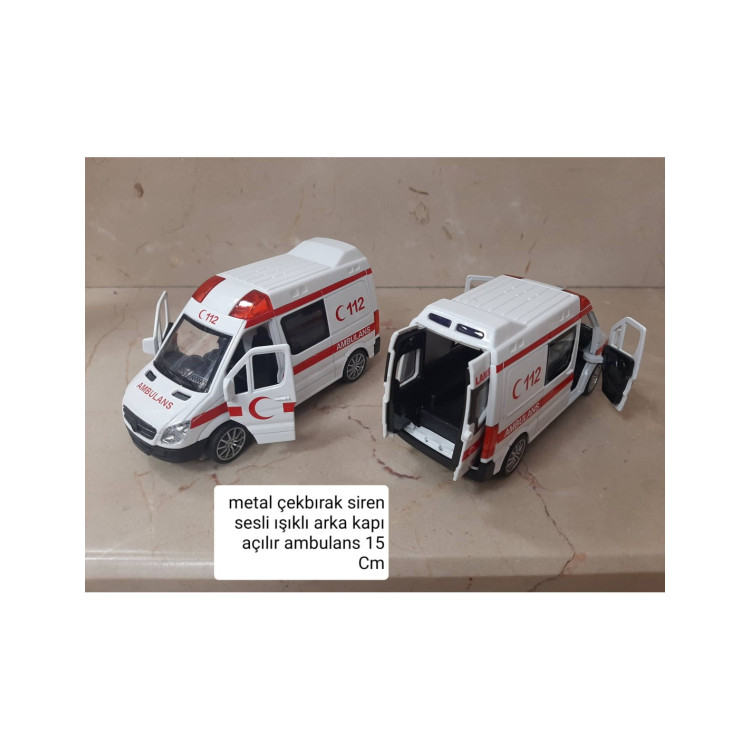 METAL ÇEKBIRAK SiREN SESLİ IŞIKLI AMBULANS 15CM