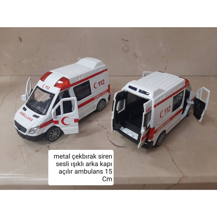 METAL ÇEKBIRAK SiREN SESLİ IŞIKLI AMBULANS 15CM