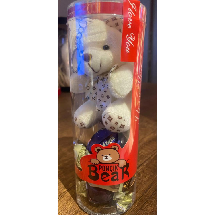 ÇİKOLATALI POPÇİK AYICIK KUTUSU PELUŞ 12CM ANAHTARLIK +ÇİKOLATA
