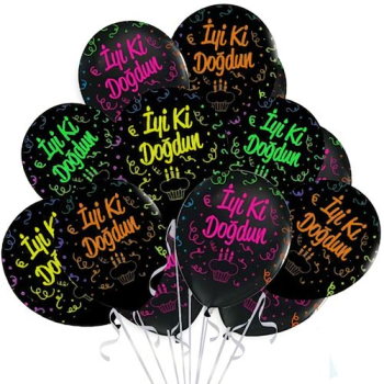 Hazır Baskı Balon Full Hbk İyi ki Doğdun Siyah'a Renkli 100Llü Hazır Baskı Balon Full Hbk İyi ki Doğdun Siyah'a Renkli 100Llü