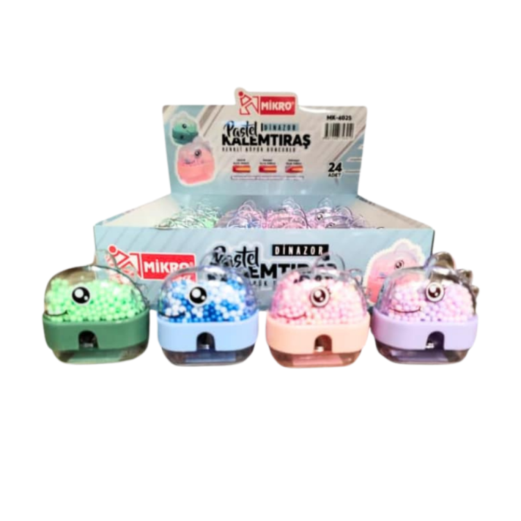MİKRO MK-4025 DİNAZOR RENKLİ KÖPÜK BONCUKLU KALEMTRAŞ 24'LÜ