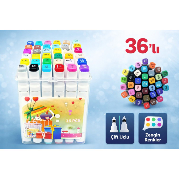 ÇİFT TARAFLI KUTULU MARKER ÇİZİM KALEMİ  36LI