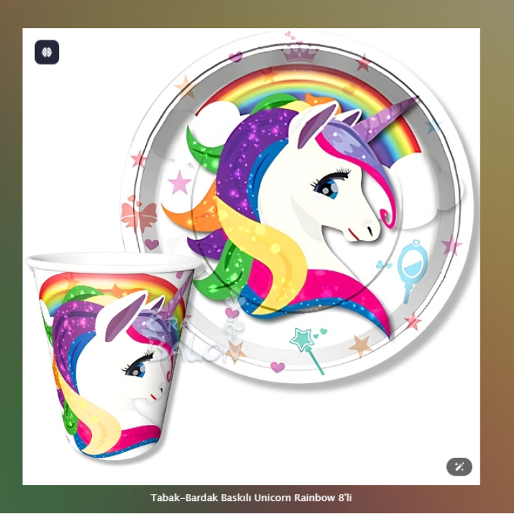 Tabak-Bardak Baskılı Unicorn Rainbow 8'li