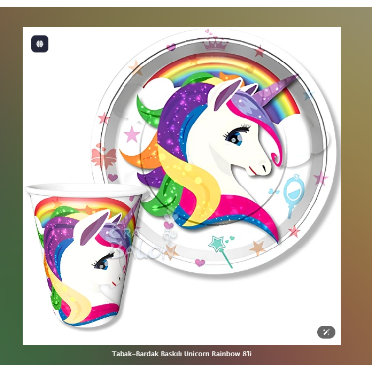 Tabak-Bardak Baskılı Unicorn Rainbow 8'li
