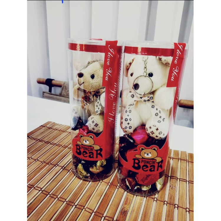 ÇİKOLATALI POPÇİK AYICIK KUTUSU PELUŞ 12CM ANAHTARLIK +ÇİKOLATA