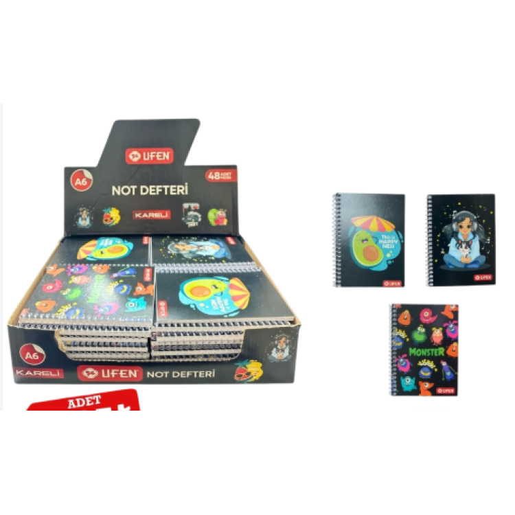 UFEN 70461 A6 SİYAH KARTON KAPAK NOT DEFTERİ SPİRALLİ  48 Lİ ÇİZGİLİ