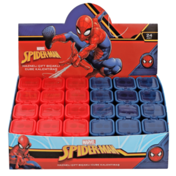 KAMP.SPIDERMAN HAZNELİ ÇİFT BIÇAKLI CUBE KALEMTIRAŞ WEB1-WEB2 24'LÜ ^*30