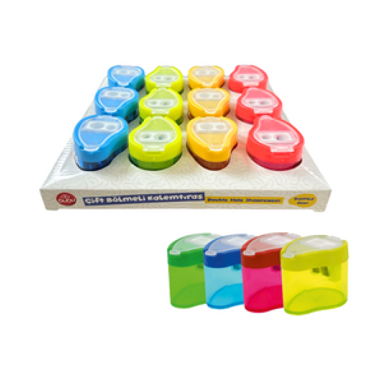 BUBU-KT0004 ŞEFFAF DAMLA KALEMTRAŞ ÇİFT DELİKLİ HAZNELİ 4 RENK 12Lİ PAKET >